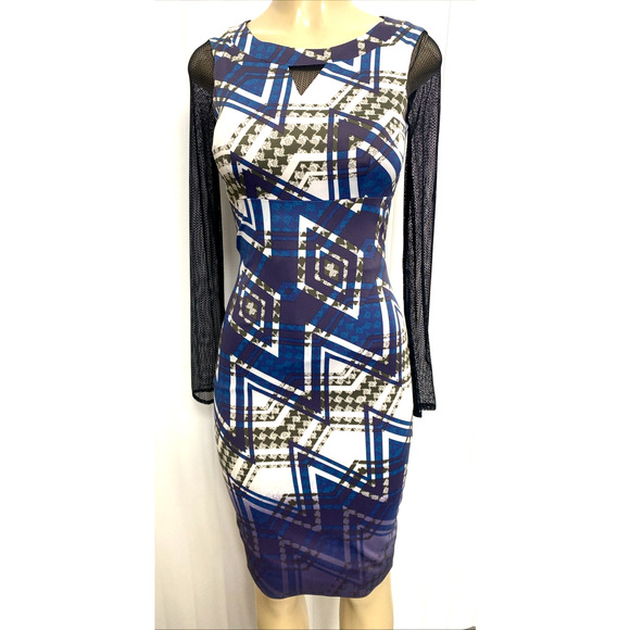 Karen Millen Dress Sheath Round Neck Mesh Sleeve Blue Purple Geometric 4 S - Picture 2 of 9